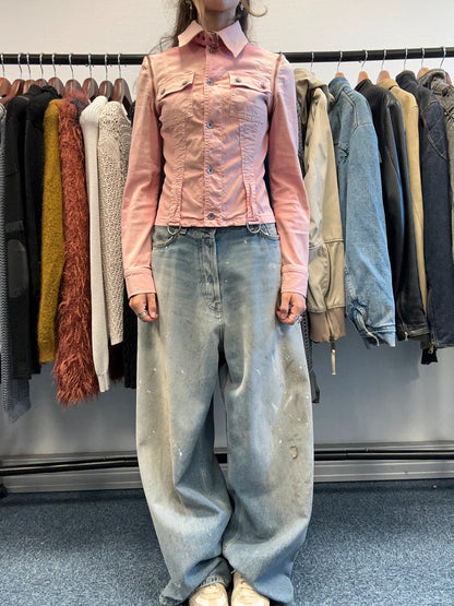 Dolce & Gabbana orange and pink denim jacket with detachable sleeves and cargo pockets.