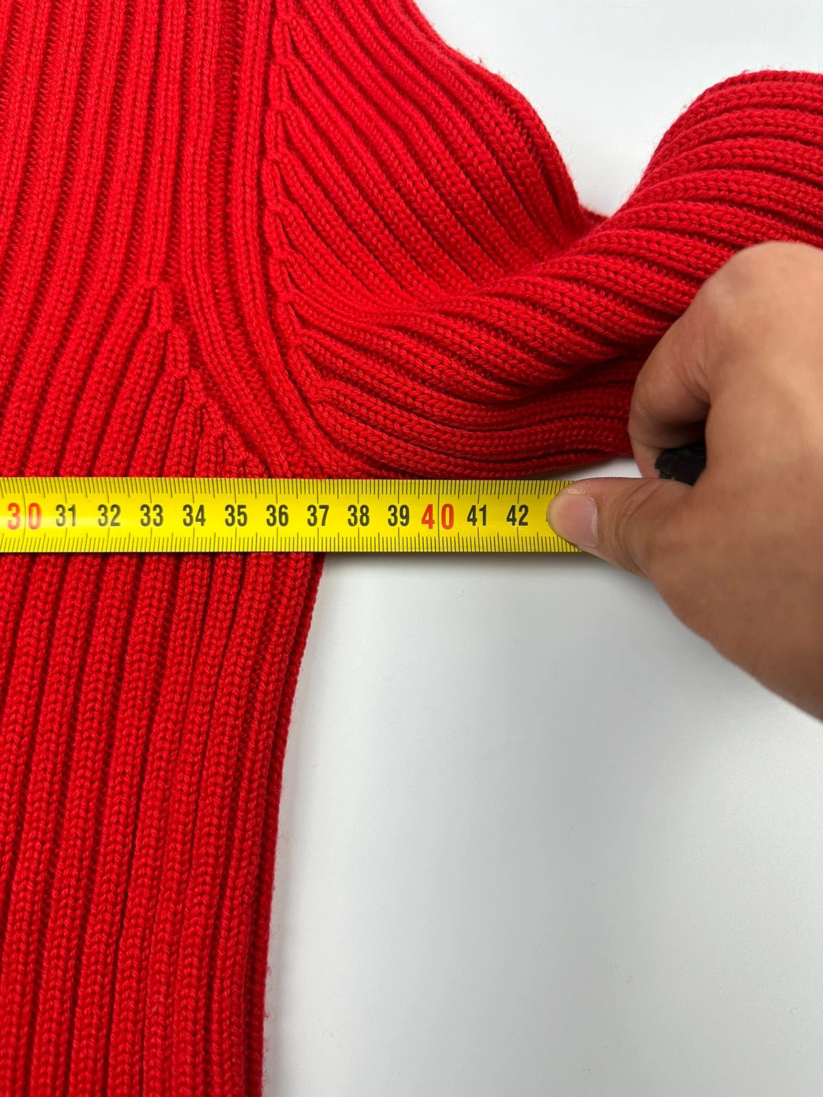 Prada red ribbed wool turtleneck sweater with high neck and Sport collection details.