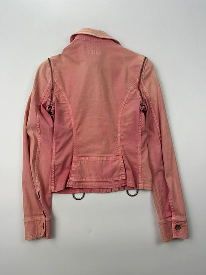 Dolce & Gabbana orange and pink denim jacket with detachable sleeves and cargo pockets.