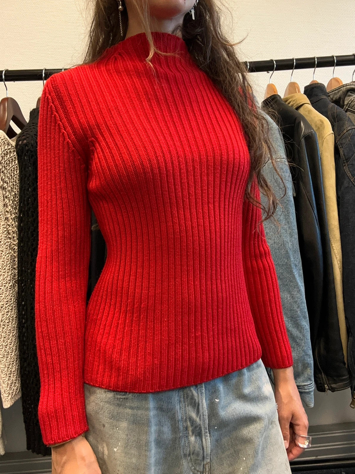 Prada red ribbed wool turtleneck sweater with high neck and Sport collection details.