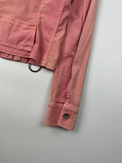 Dolce & Gabbana orange and pink denim jacket with detachable sleeves and cargo pockets.