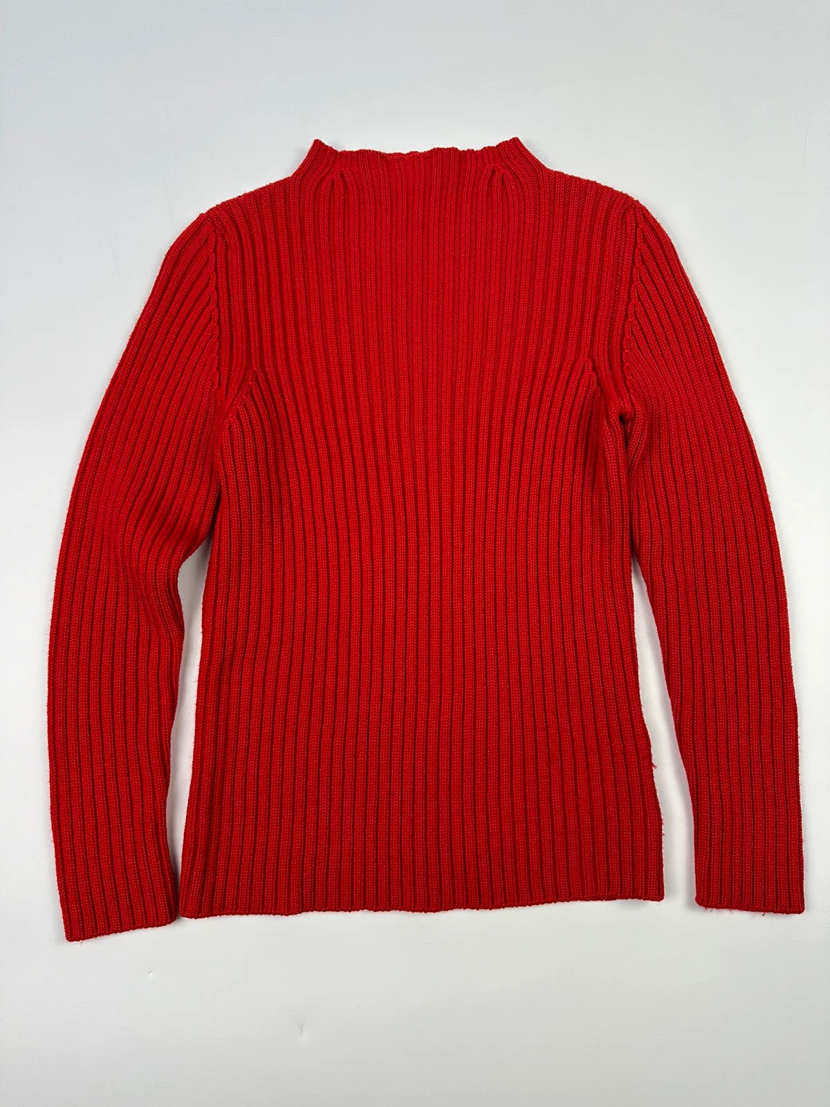Prada red ribbed wool turtleneck sweater with high neck and Sport collection details.