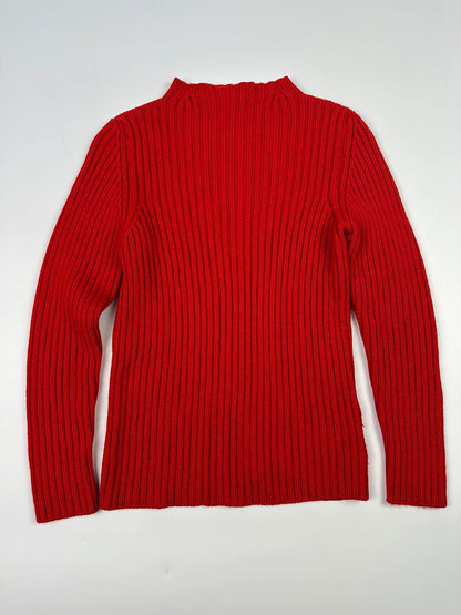 Prada red ribbed wool turtleneck sweater with high neck and Sport collection details.