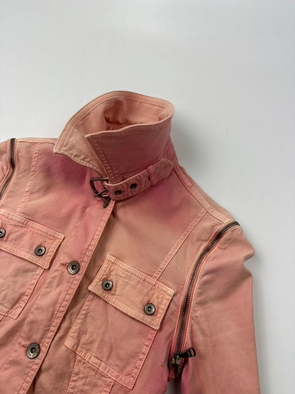 Dolce & Gabbana orange and pink denim jacket with detachable sleeves and cargo pockets.