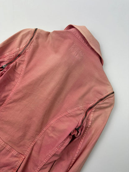 Dolce & Gabbana orange and pink denim jacket with detachable sleeves and cargo pockets.