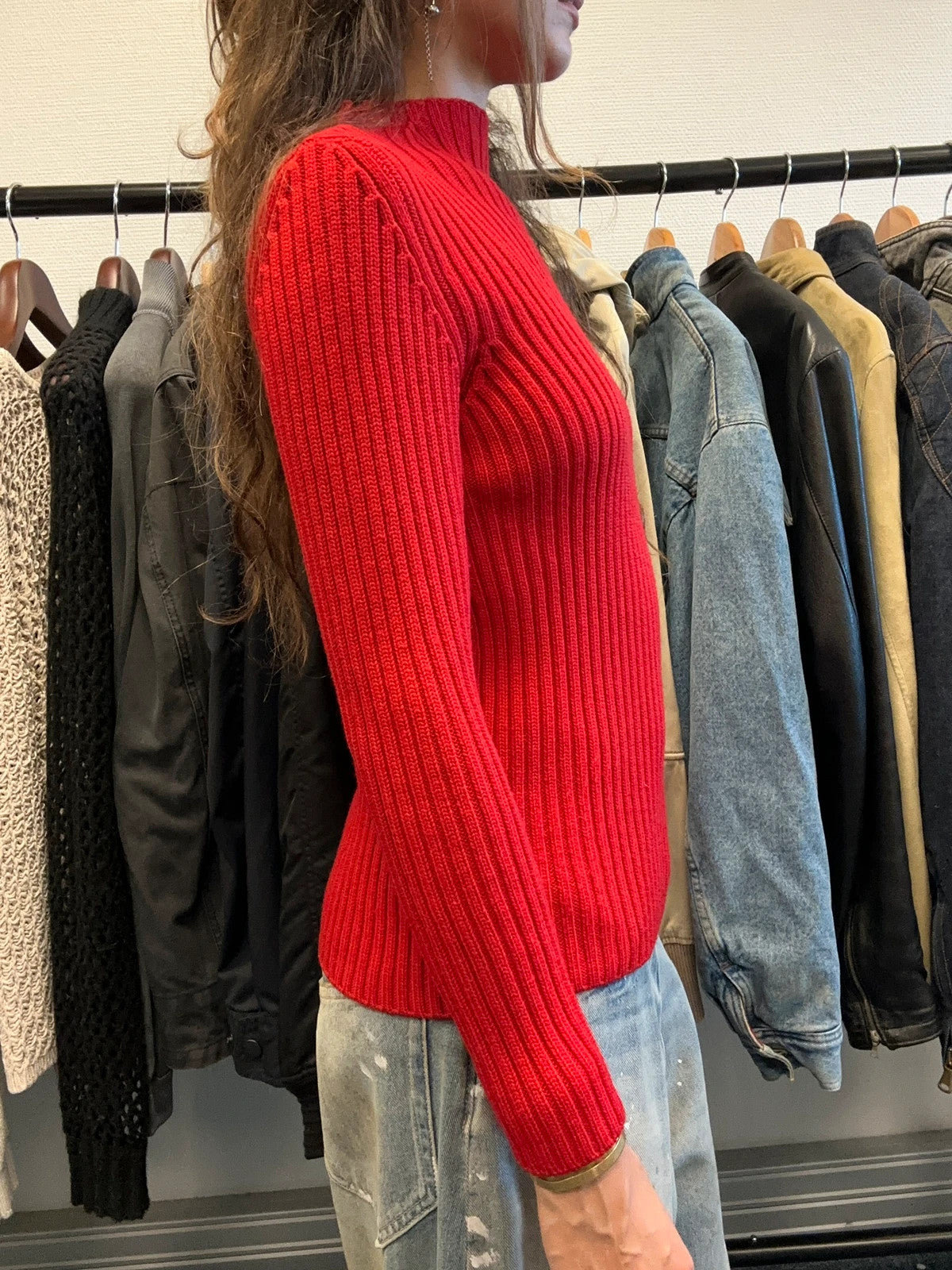 Prada red ribbed wool turtleneck sweater with high neck and Sport collection details.
