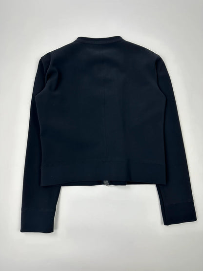Marithé Francois Girbaud navy jacket minimalist design with subtle branding and smooth fabric.