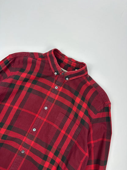Burberry men's longsleeve shirt red and black checkered tartan pattern with logo detail.