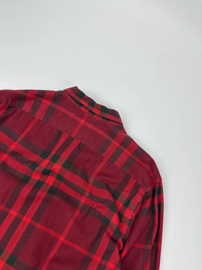 Burberry men's longsleeve shirt red and black checkered tartan pattern with logo detail.