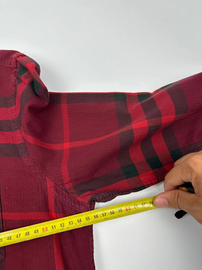Burberry men's longsleeve shirt red and black checkered tartan pattern with logo detail.