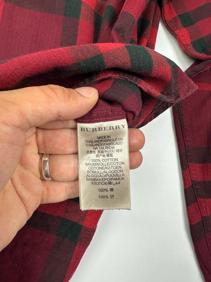 Burberry men's longsleeve shirt red and black checkered tartan pattern with logo detail.