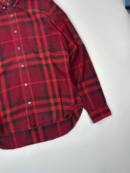 Burberry men's longsleeve shirt red and black checkered tartan pattern with logo detail.