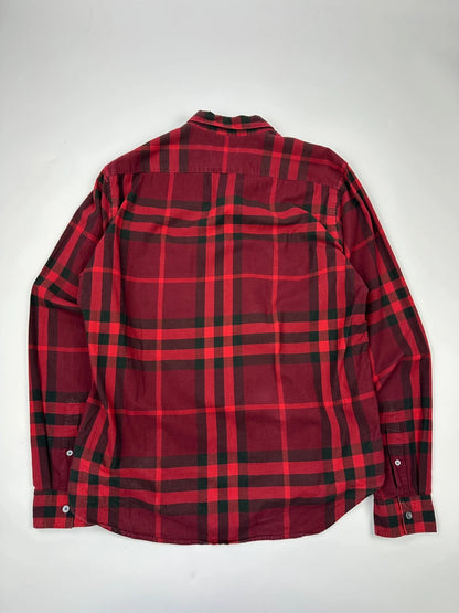 Burberry men's longsleeve shirt red and black checkered tartan pattern with logo detail.