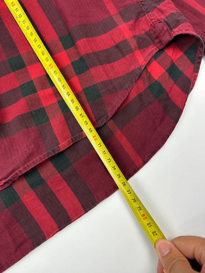 Burberry men's longsleeve shirt red and black checkered tartan pattern with logo detail.