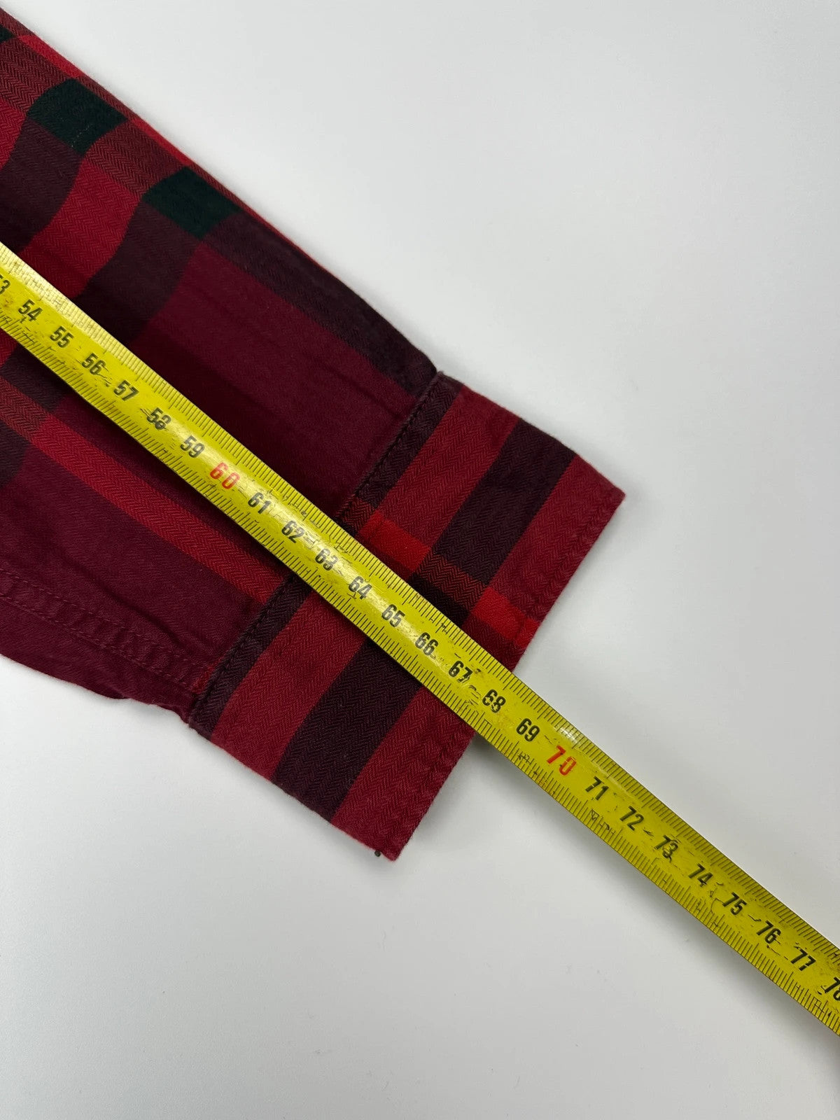 Burberry men's longsleeve shirt red and black checkered tartan pattern with logo detail.