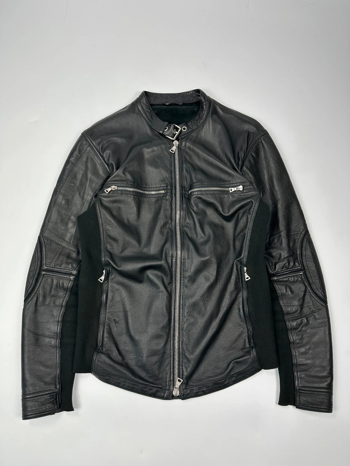 Prada black leather and cotton motor panel jacket with biker-style reinforced details.