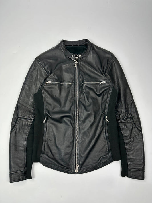 Prada black leather and cotton motor panel jacket with biker-style reinforced details.