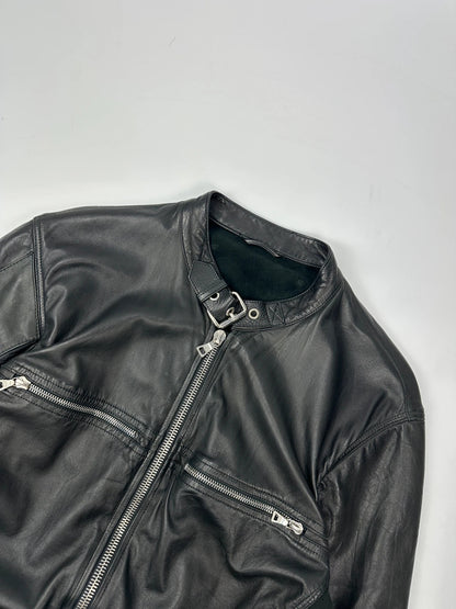 Prada black leather and cotton motor panel jacket with biker-style reinforced details.