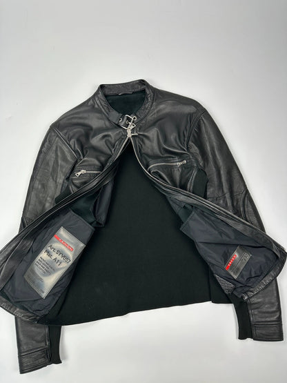 Prada black leather and cotton motor panel jacket with biker-style reinforced details.