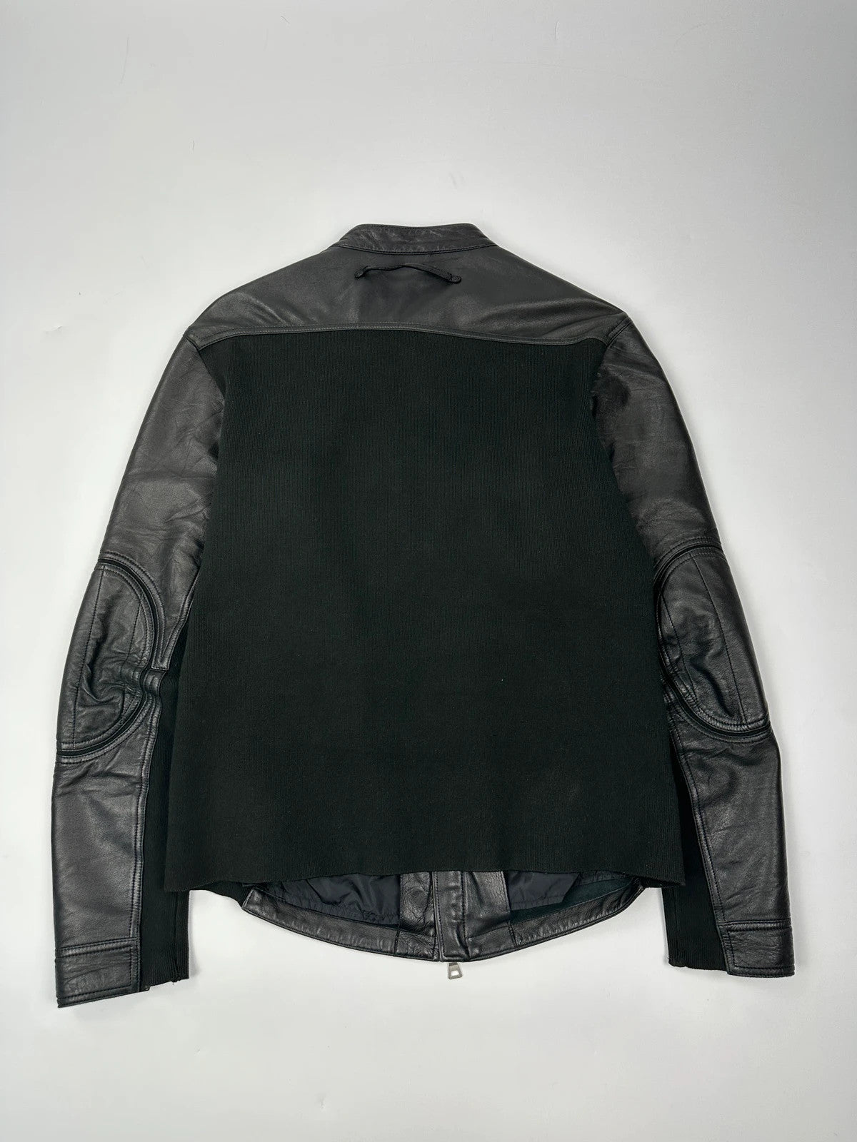 Prada black leather and cotton motor panel jacket with biker-style reinforced details.