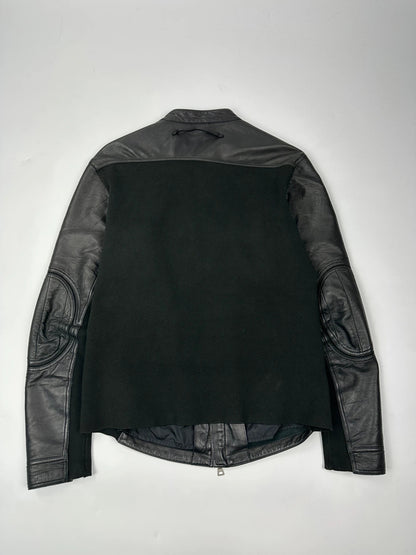 Prada black leather and cotton motor panel jacket with biker-style reinforced details.