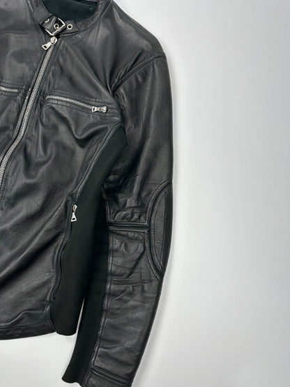 Prada black leather and cotton motor panel jacket with biker-style reinforced details.