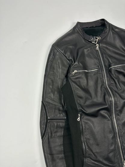 Prada black leather and cotton motor panel jacket with biker-style reinforced details.