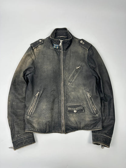 Dolce & Gabbana grey bomber jacket with unique eroded leather finish and faded details.