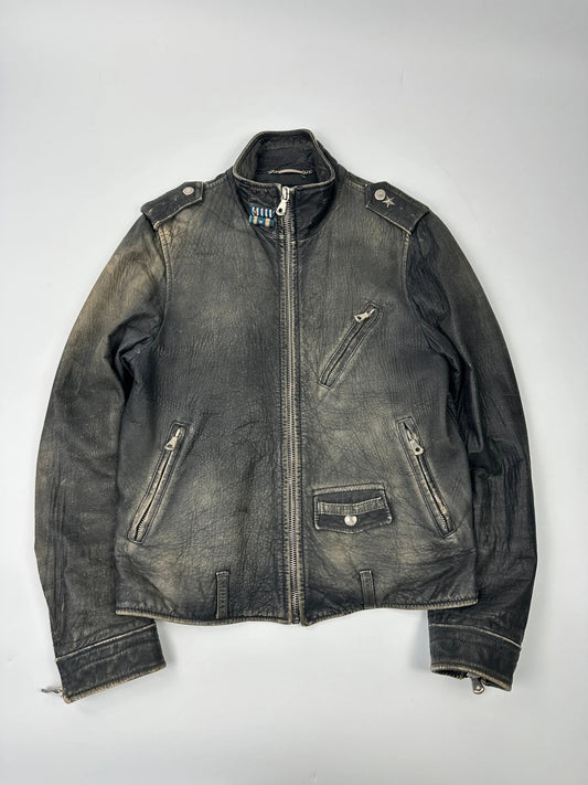 Dolce & Gabbana grey bomber jacket with unique eroded leather finish and faded details.