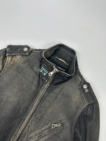 Dolce & Gabbana grey bomber jacket with unique eroded leather finish and faded details.