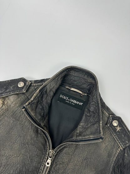 Dolce & Gabbana grey bomber jacket with unique eroded leather finish and faded details.