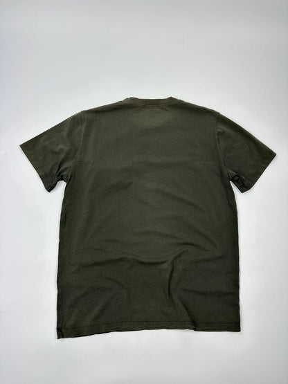 Prada khaki graphic t-shirt featuring zip chest pocket and minimalist design.