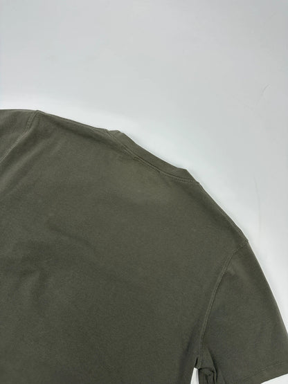 Prada khaki graphic t-shirt featuring zip chest pocket and minimalist design.