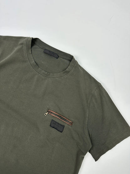 Prada khaki graphic t-shirt featuring zip chest pocket and minimalist design.