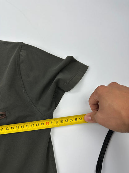 Prada khaki graphic t-shirt featuring zip chest pocket and minimalist design.
