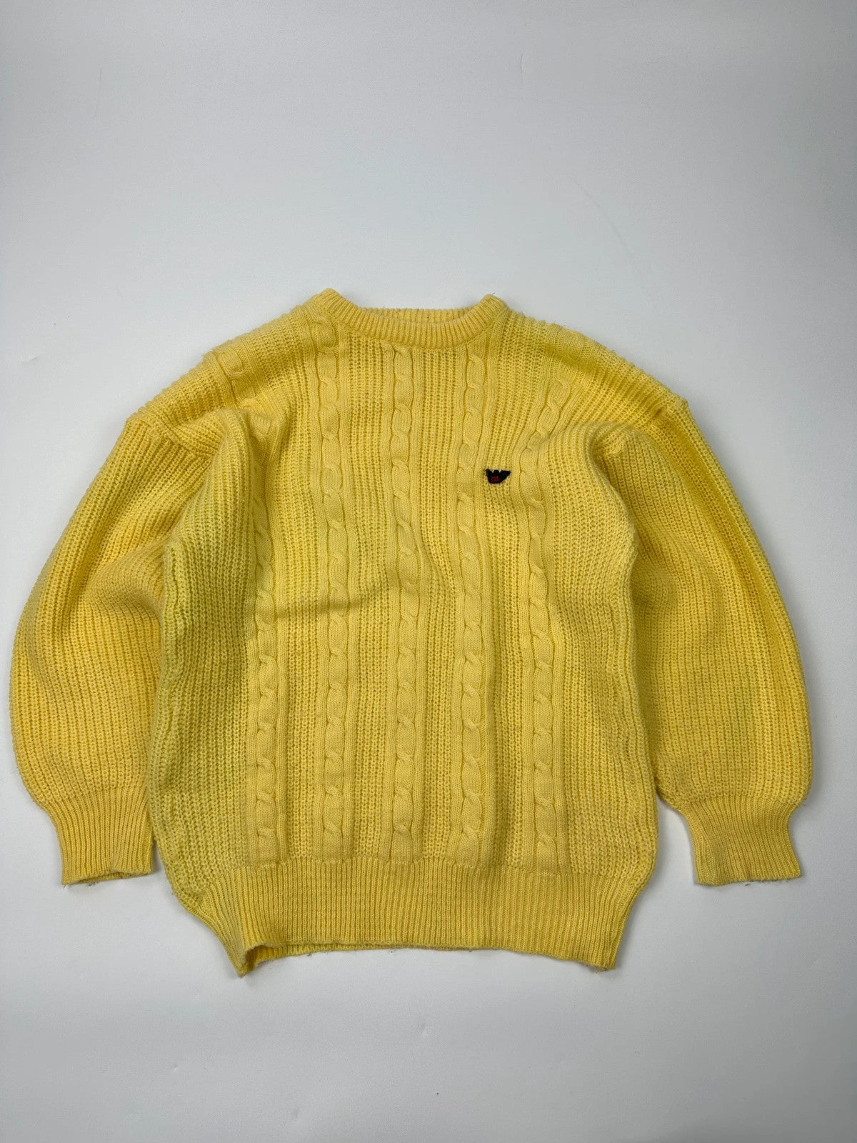 Emporio Armani yellow cable knit sweater with 90's design and classic logo detail.