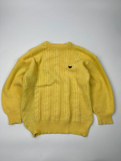 Emporio Armani yellow cable knit sweater with 90's design and classic logo detail.