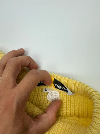Emporio Armani yellow cable knit sweater with 90's design and classic logo detail.