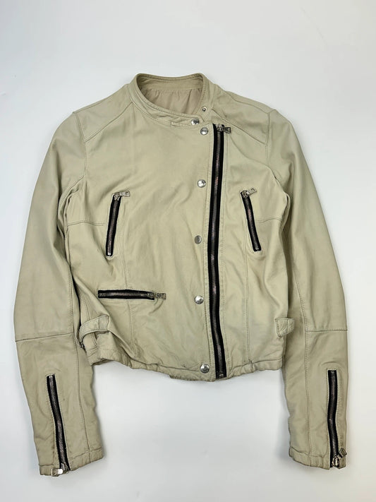 Prada beige leather fitted jacket with multi pockets and logo detailing.