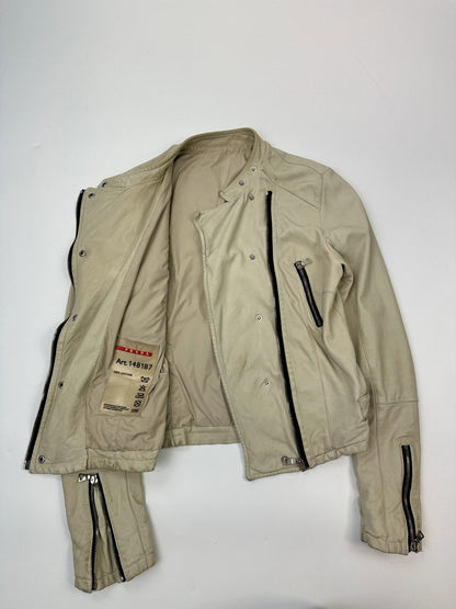Prada beige leather fitted jacket with multi pockets and logo detailing.