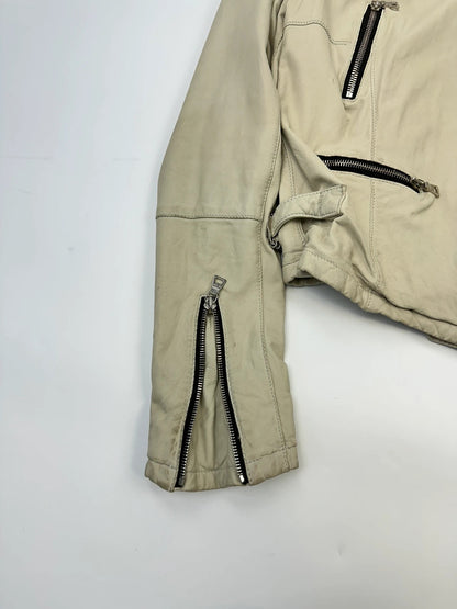 Prada beige leather fitted jacket with multi pockets and logo detailing.
