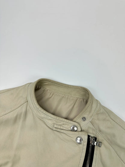 Prada beige leather fitted jacket with multi pockets and logo detailing.
