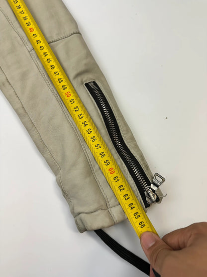 Prada beige leather fitted jacket with multi pockets and logo detailing.