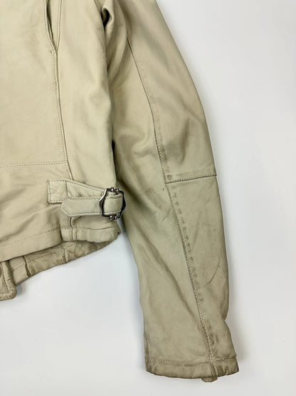 Prada beige leather fitted jacket with multi pockets and logo detailing.