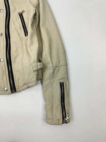 Prada beige leather fitted jacket with multi pockets and logo detailing.