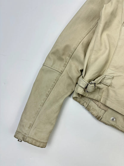 Prada beige leather fitted jacket with multi pockets and logo detailing.
