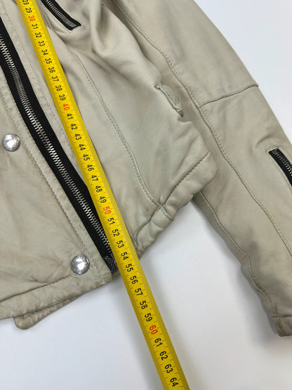 Prada beige leather fitted jacket with multi pockets and logo detailing.