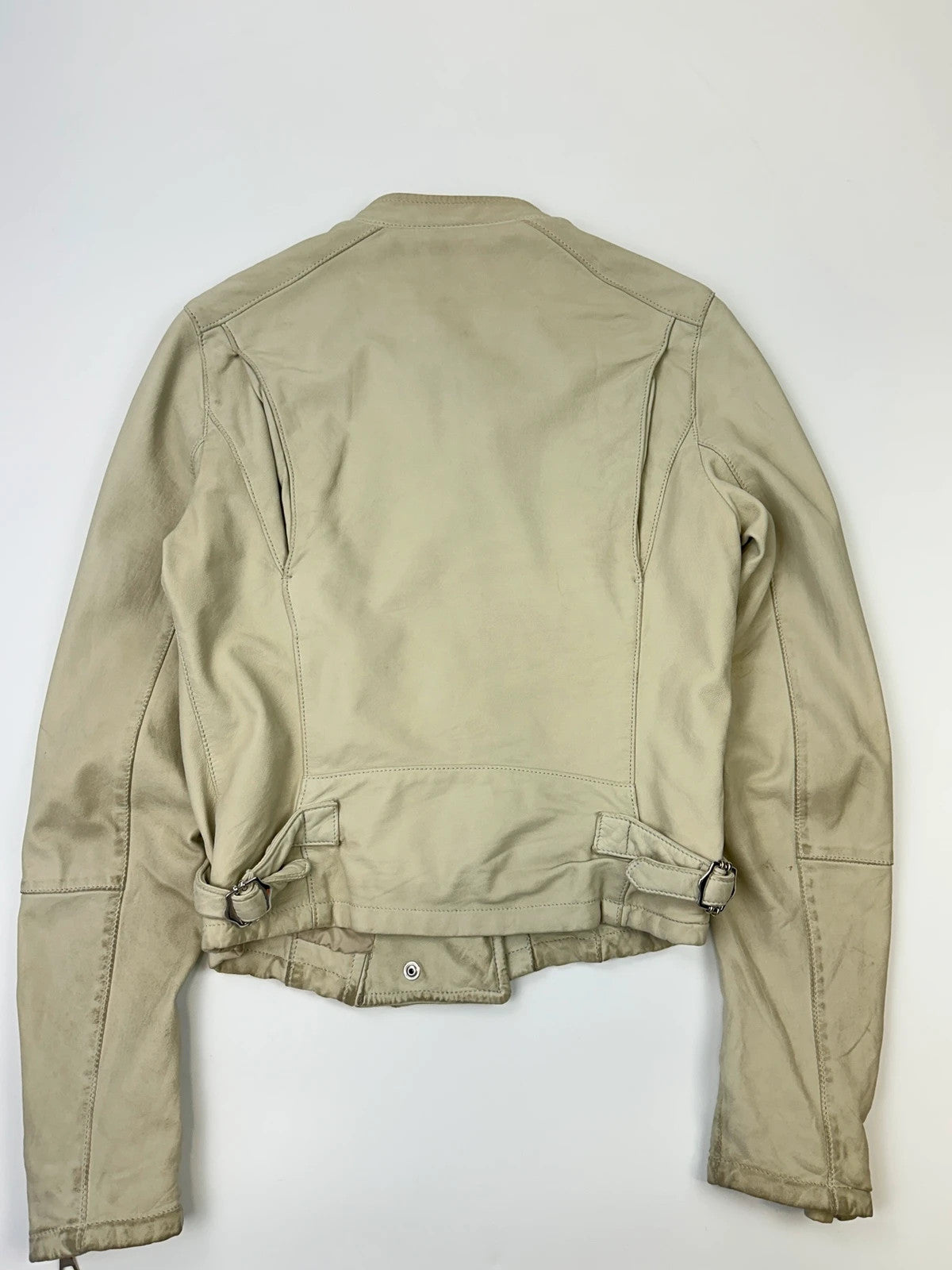 Prada beige leather fitted jacket with multi pockets and logo detailing.