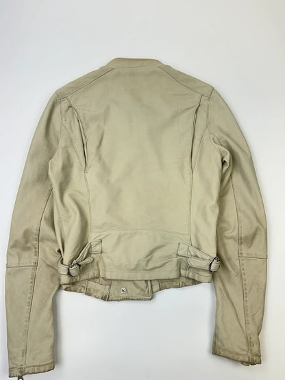 Prada beige leather fitted jacket with multi pockets and logo detailing.