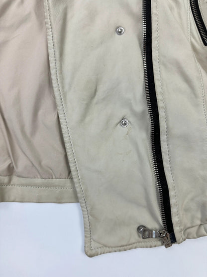 Prada beige leather fitted jacket with multi pockets and logo detailing.